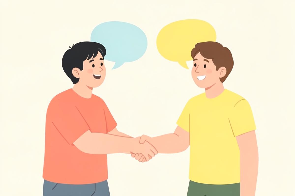 איור פסטלי של שני אנשים בשיחת מכירה עם לחיצת יד